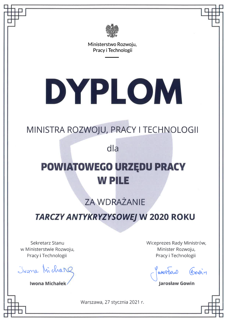 Dyplom Ministra Rozwoju, Pracy i Technologii dla Powiatowego Urzędu Pracy w Pile za wdrażanie Tarczy Antykryzysowej w 2020 roku